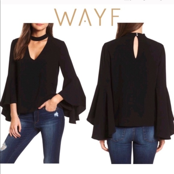 WAYF Ryan Chocker Bell Sleeve Black Top - Picture 1 of 7